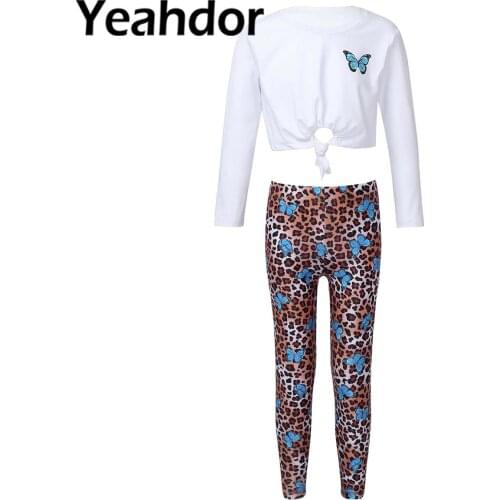 Kids Girls Summer Outfit Sportwear Long Sleeve Round Neck Straps Crop Top with Leopard Pants Set Children Casual Daily Suit