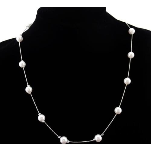 Sleek White Simulated Pearl Silver Plated Chain Luxury Fashion Girls Strand Necklace for Women Jewelry