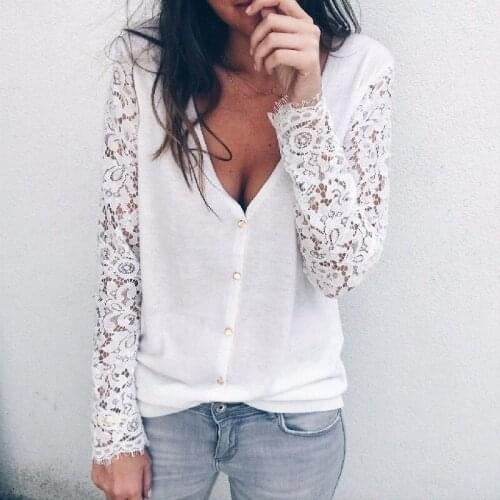 Elegant Women Long Sleeve Blouse Loose Shirt New Lace Sleeve V-neck Casual Women Tops And Blousa Solid White Blouse