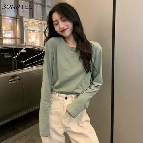 Long Sleeve T-shirts Women Solid Simple Basic Casual Tops New Fashion Ulzzang Students O-Neck Large Size 2XL Soft Streetwear Hot