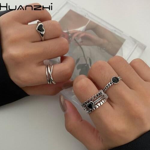 HUANZHI 2020 New Black Drip Glaze Heart Multilayer Open Adjustable Silver Color Metal Rings for Women Girls Party Jewelry