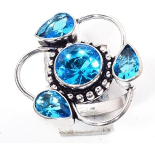Blue Topaz Ring Silver Overlay over Copper Hand made Jewelry women gift Size: 7