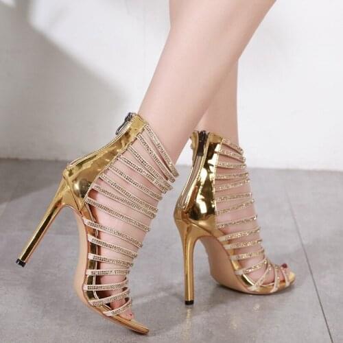 Summer Womens Straps Hollow Out Sandals Gladiator Sexy Golden Bling Bling Diamonds Thin High Heels Sandals Ladies Party Shoes