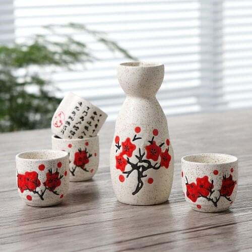 Vintage Ceramic Sake Pot and Cups Set with Characters Poem Japanese Cuisine Sake Bottle Spirit Pot Set with Cups