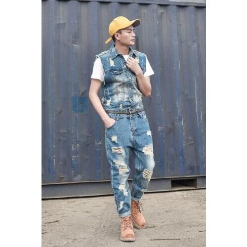 2020 new fashion retro denim blue color jumpsuit Slim trend jumpsuit youth nine pants pants overalls singer costume X--XXL