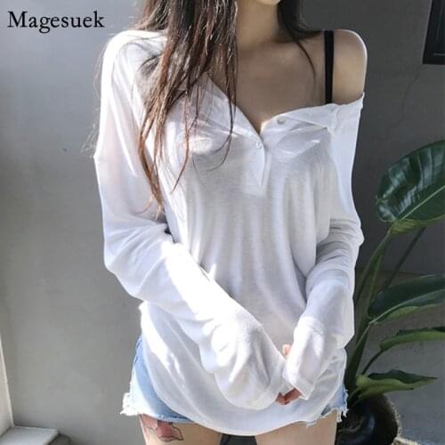 New Korean Long Sleeve White Tees Femme T-shirts Women V-neck Office Loose Tshirt Women Casual Solid Oversized T Shirt 12893