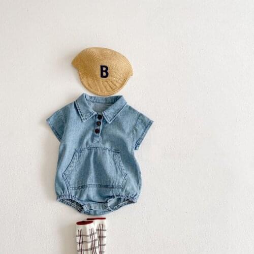 New Arrival Newborn Baby Boy Romper Infant Girls Clothes Large Pocket Decoration Toddler Baby Jumpsuit Denim Short Sleeve Summer