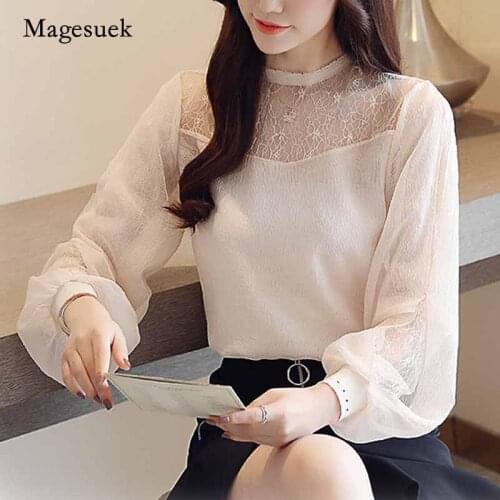 2020 Autumn Fashion New Lace Chiffon womens blouse Stand-up collar Long Sleeve Blouse Casual Loose Tops Apricot Blusas 10701