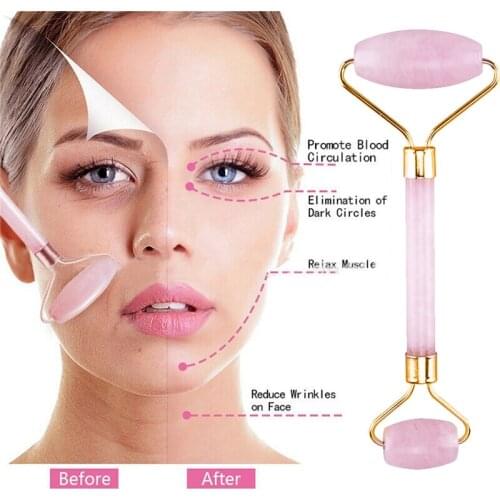 Rose Quartz Roller Slimming Face Massager Lifting Tool Natural Jade Facial Massage Roller Stone Skin Massage Beauty Care Set Box