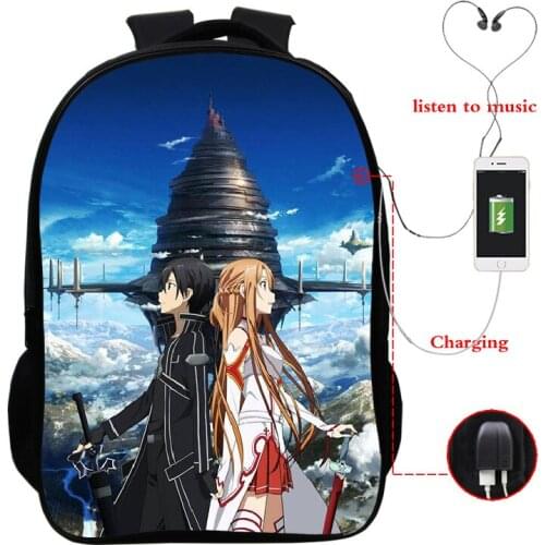 Beautiful Sword Art Online USB Charge backpacks men women Daily knapsack Boys Girls schoolbag Mochila fashion beautiful Backpack