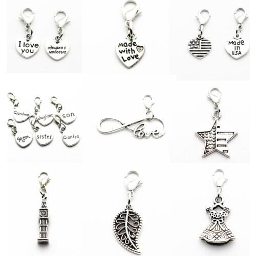 12pcs/Lot Silver Alloy Heart Love You USA Infinity Dangle Charms Lobster Clasp Hanging Fit Bracelet&Pendant Necklace