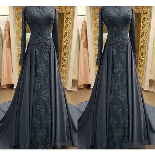 Modest Gray Muslim Evening Dresses robe de soiree Long sleeves High Neck Prom Dress Applique Lace Mermaid Evening dress 2019