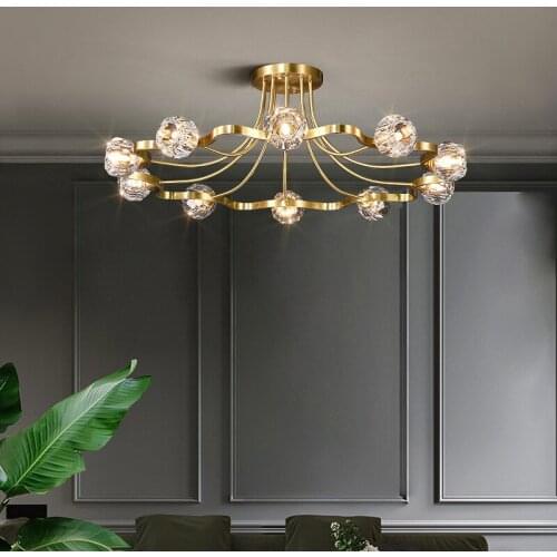 Modern Crystal Chandelier Real Copper Lighting LED Ceiling Lamp For Living Dining Room Bedroom Loft Hotel Lobby Hanging Lamp