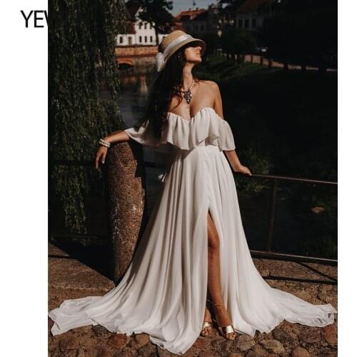 Light Chiffon Off The Shoulder Prom Dress Bohemian Wedding Party Dress with Slit Photography Dress Maxi Woman Dress YEWEN