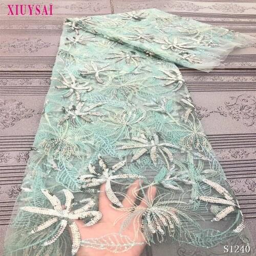 Light green African Sequins Laces Fabrics High Quality African French Tulle Lace Fabric for Nigerian Net Lace Fabrics SL1240