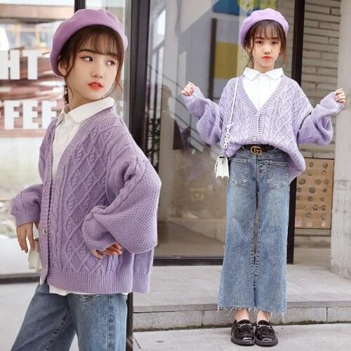 Girls Sweater Tops Fashion Girls Outerwear Coat Autumn Kids Cardigan Purple Childrens Clothing Girls Cardigan 10 12 13 Years