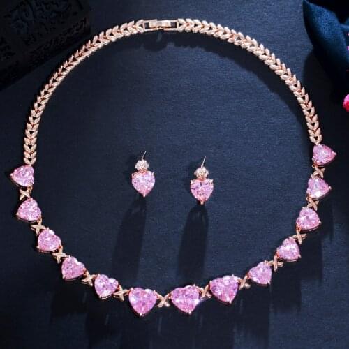 ThreeGraces Romantic Pink Cubic Zirconia Love Heart Choker Necklace Earrings Bridal Wedding Banquet Jewelry Set for Brides T0618