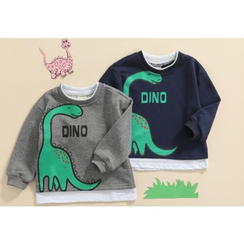 Spring Autumn Little Boys Cartoon Toddlers Dinosaur Letter Printing Long Sleeve Round Collar Tops Casual Clothes