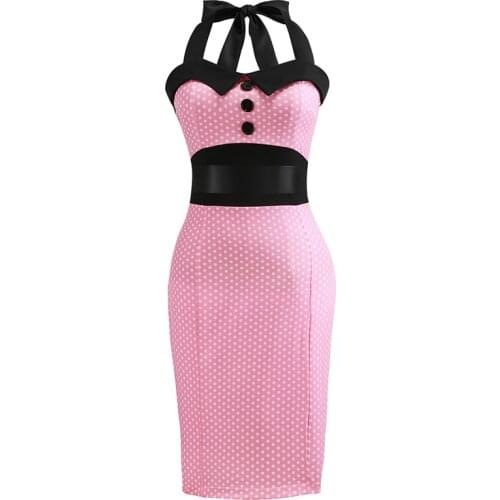 Retro Pink Polka Dot Audrey Hepburn Robe Vintage Halter Dress Plus Size 3XL 2021 50s 60s Gothic Pin Up Rockabilly Bodycon Dress
