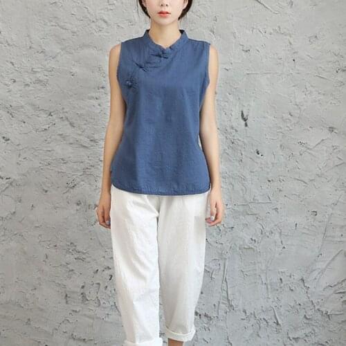 Chinese style stand collar Vintage Sleeveless Women vest Loose Casual Plate buckle linen cotton Waistcoat Breathable flax vest