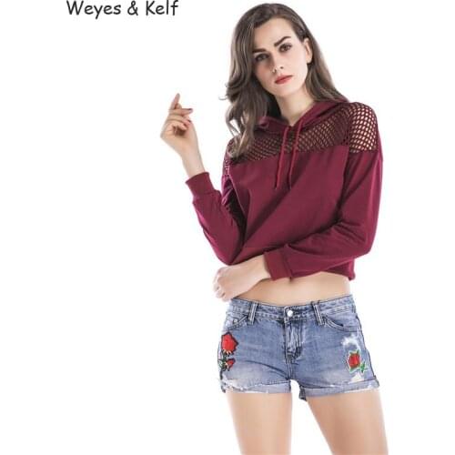 Weyes & Kelf Red Crop Long Sleeved Mesh Hooded Sweatshirt Woment 2020 Spring Tracksuit Woman Cotton Women Sweatshirts