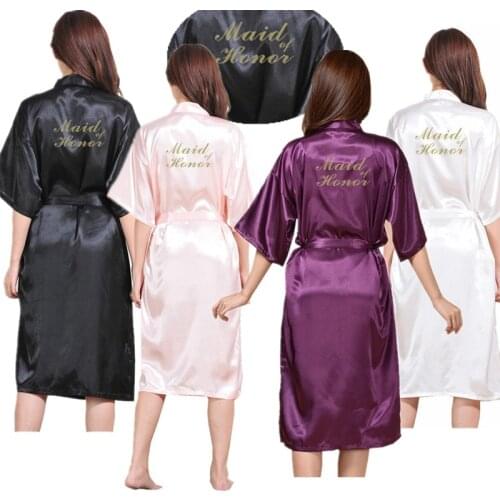Wholesale Maid of Honor Letter Gold Glitter Women Pure Color Long Satin Silk Robes Kimono Nightgown Bride Spa Party Bathrobe T32