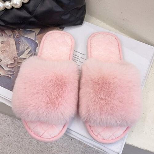 2021 Winter New Women House Slippers Faux Fur Fashion Open Toe Warm Plush Flat Shoes Furry Flip Flops Female Indoor Soft Slides