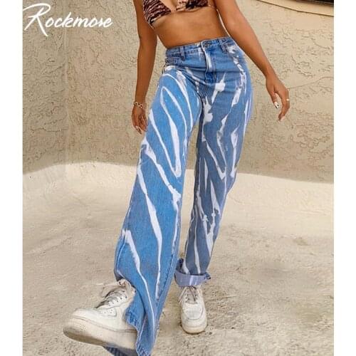 Rockmore Striped Print Split Jeans For Women Y2K Aesthetic High Waist Denim Trousers Streetwear Pockets Wide Leg Pants Harajuku