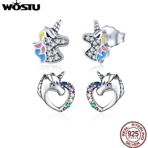 WOSTU 925 Sterling Silver Dazzling Unicorn Licorne Stud Earrings for Women Girl Cute Silver Clear CZ Jewelry Party Gift CQE426