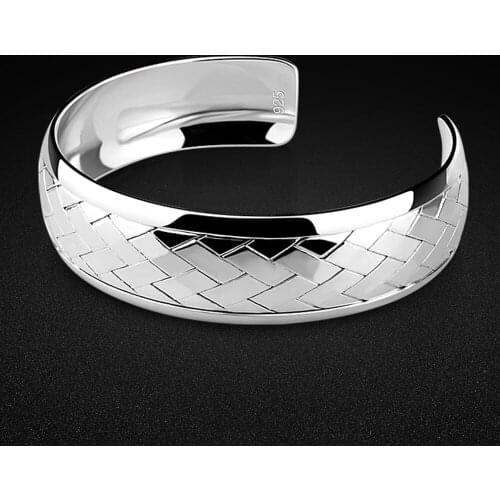 Ethnic Style 925 Sterling Silver Bracelet Womens 15MM Woven Pattern Solid Silver Bangle Open Design Free Adjustment Fine Jewelr