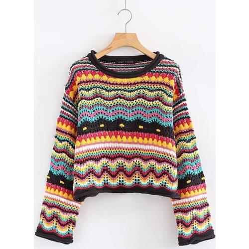 Vintage Sweet Multicolored Yarn Short Knit Sweater Women 2020 New Fashion O Neck Long Sleeve Ladies Pullovers Casual Pull Femme