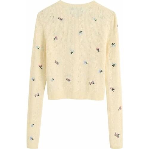 ZA Women 2020 Fashion Floral Embroidery Cropped Cardigan Sweater Vintage Long Sleeve Button-up Female Outerwear Chic Tops