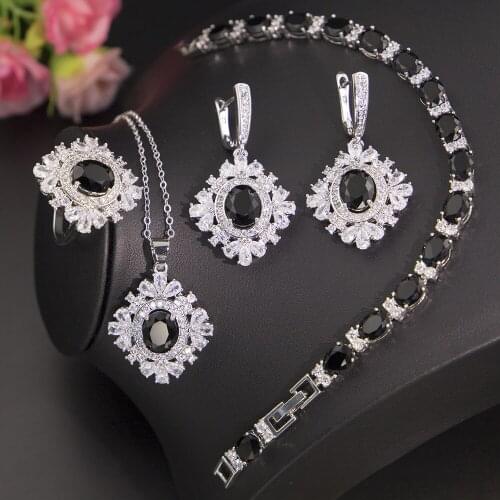 925 Jewelry Sets for women Sterling Silver Black Stones Zirconia Trendy Pendant Necklace Earrings Bracelet Ring