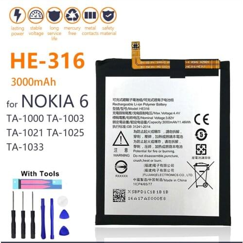 100% Genuine HE316 Battery For Nokia 6 N6 TA-1000 TA-1003 TA-1021 TA-1025 TA-1033 TA-103 3000mAh Phone Batteries With Tools