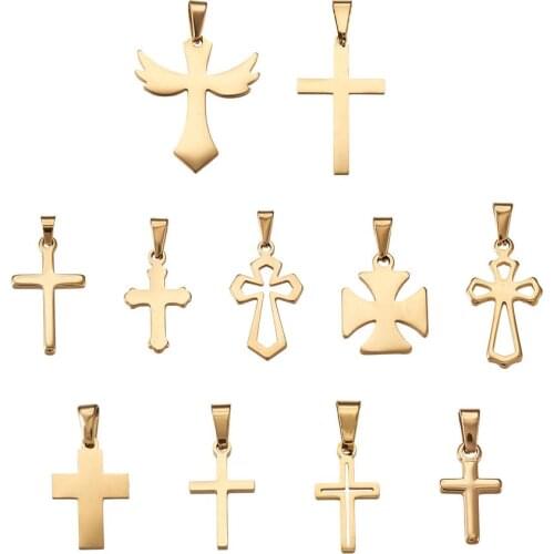 Pandahall 11pcs Small Cross Charm Stainless Steel Pendants for Women Man Necklace Bracelet DIY Jewelry Making Mixed Style Golden