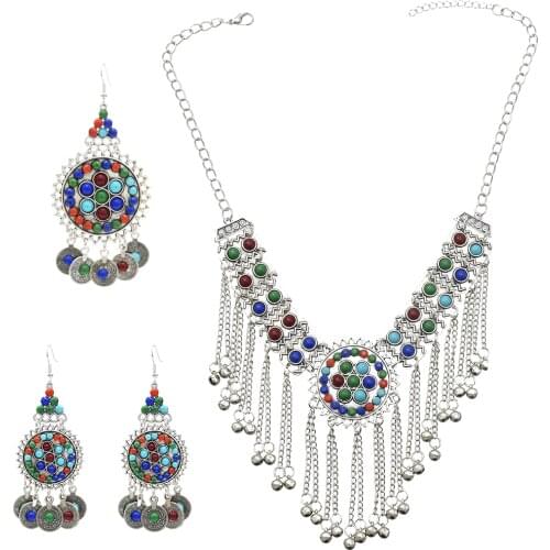 Turkish Jewelry Sets Vintage Silver Color Metal Beads Statement Necklace Earring Sets Afghan Gypsy Wedding Party Jewelry Gift