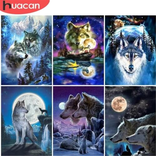 HUACAN Diamond Painting Animal Wolf Cross Stitch Full Drill Home Art Diamond Embroidery Mosaic Moon Wall Decor