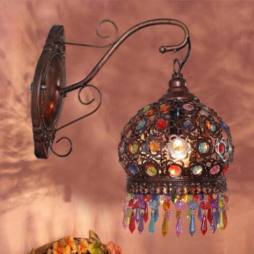 American Country Wall Lamp Bedroom Living Room Aisle Single Head Wall Lamp Wrought Iron Retro Handmade Bead Lamps
