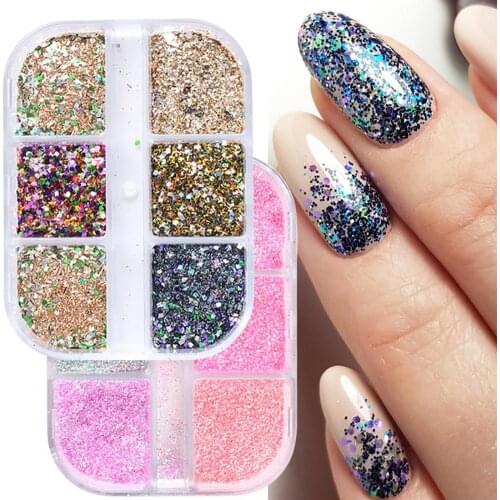 6Grids/Box Nail Sequins Stylish DIY Creation Portable Nail Ornament Stickers Particles for Personal Use