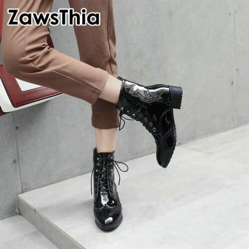 ZawsThia russian patent PU leather chelsea ankle boots lace up women boots white black chunky square low heels gothic girl boots