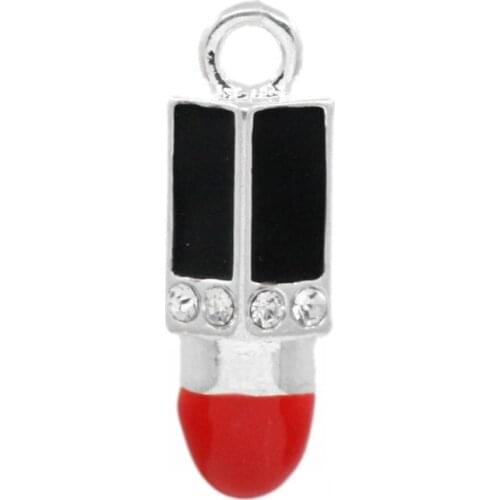 DoreenBeads Retail Charm Pendants Lipstick Silver color Enamel Red & Black W/Rhinestone 25x8.5mm,10PCs