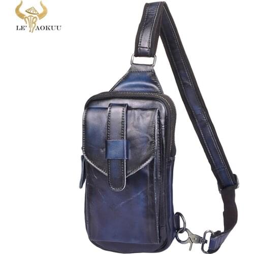 Trend Men Original Genuine Leather Travel Backpack Belt Fasion Blue Fanny Waist Chest Pack Bag Sling Crossbody Bag Daypack XB571