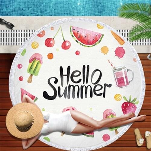Hello Summer Microfiber Round Beach Towel Watermelon Pineapple Circle Thick Shower Bath Towels Bikini Cover Up Yoga Mat Blanket