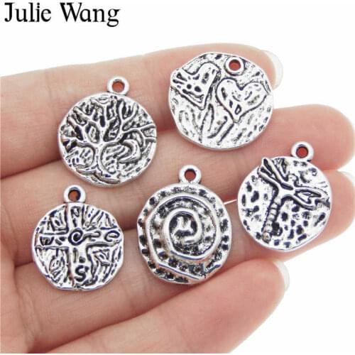 Julie Wang 5pcs Alloy Mixed Tree Cross Heart Dragonfly Charms Antique Silver Color Necklace Bracelet Jewelry Making Accessory