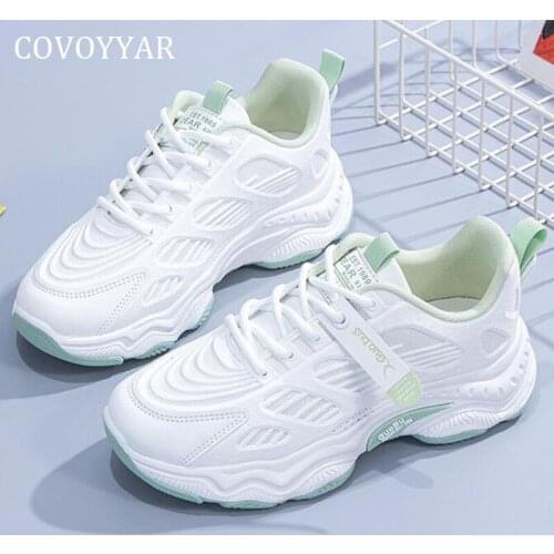COVOYYAR Womens Vulcanize Shoes Lace-up Breathable Mesh Sneakers Platform Hard-Wearing Casual Shoes White Woman WSN456