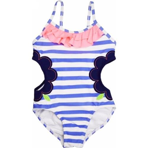 Baby Girls Swimwear One Piece Suit Blue&White Striped Hollowing Design Bathing Suit 1-14Y Kids Swimsuit Children Swimming Wear