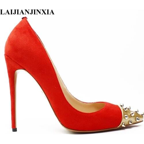LAIJIANJINXIA New Rivets Toe High heels 12cm Fashion Ladies Sexy Pointed toe Spiked High heeled Shoes Flock Leather Womens Pumps