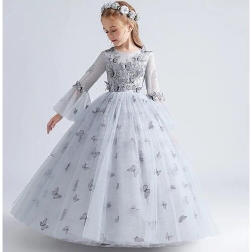 Fashion O Neck Ball Gown Full Sleeves Floor-Length Appliques Kids Party Communion Dresses Girl Dresses For Weddings
