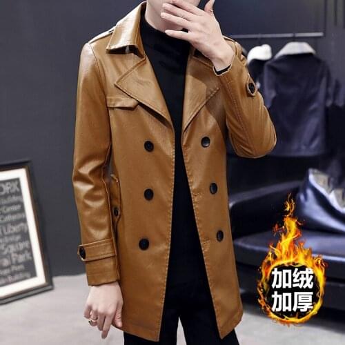 Fashion Mens PU Leather Long Coat Double Breasted Lapel Casual Jacket Solid Overcoat Mens Leather Jacket Thick Warm Outwear K2