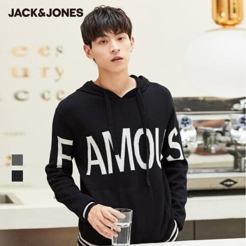 JackJones Mens Sporty Contrasting Letter Printed Hooded Ribbed Knit Sweater Menswear| 219324528